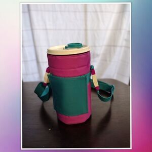 Vintage Tupperware 30 oz. Lidded Tall Tumbler, Fuchsia Color, With Carrying Bag